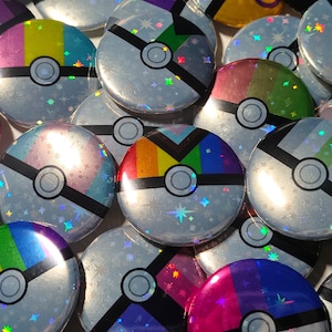 1.25in Stars Button Badge - Handmade Hologrpahic LGBTQ+ Pride Flag Poke Ball Pin