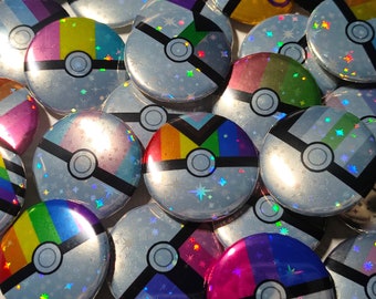 Przypinka z gwiazdami 1,25 cala – ręcznie robiona, holograficzna przypinka z flagą LGBTQ+ Pride Poke Ball