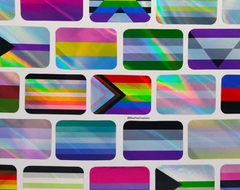 1x1.5in Angled Sticker - LGBTQ+ Holographic Handmade Pride Flag Vinyl Stickers