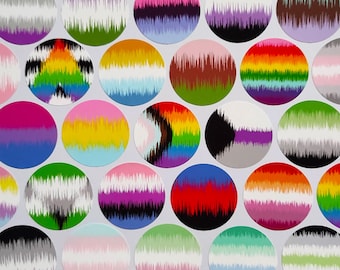 May include: A collection of round stickers with various LGBTQ+ pride flag designs. Each sticker features a unique color scheme, with a textured, blurred effect. The designs include rainbow, bisexual, transgender, and other pride flags.