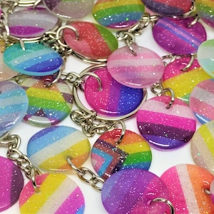 2-Charm Round Keychain - LGBTQ+ Handmade Holographic Glitter Pride Flag Charms + Keyring