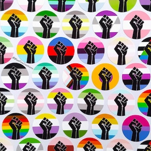 25mm/1in Circle Stickers - Small LGBTQ+ Handmade Raised Fist Activist Pride Flag Vinyl Stickers