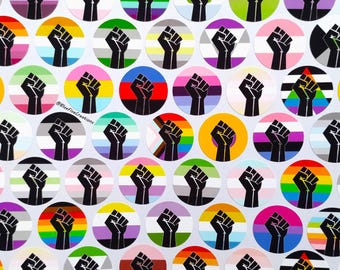 1in Circle Sticker - LGBTQ+ Handmade Raised Fist Pride Flag Vinyl Stickers