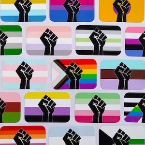 25x37mm/1x1.5in Stickers - LGBTQ+ Handmade Raised Fist Activist Pride Flag Vinyl Stickers