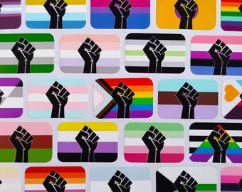 1x1.5in Sticker - LGBTQ+ Handmade Raised Fist Pride Flag Vinyl Stickers