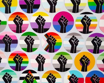 1.5in Circle Sticker - LGBTQ+ Handmade Raised Fist Pride Flag Vinyl Stickers