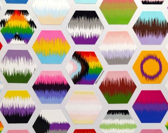 May include: A collection of hexagonal stickers featuring various pride flags, each with a unique wavy pattern. The flags include the rainbow, transgender, non-binary, asexual, and more.