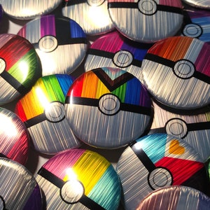 1.25in Brushed Metal Button Badge - Handmade Hologrphic LGBTQ+ Pride Flag Poke Ball Pin