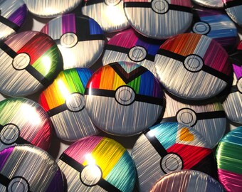 Przypinka z szczotkowanego metalu o średnicy 1,25 cala – ręcznie robiona holograficzna przypinka z flagą LGBTQ+ Pride Poké Ball