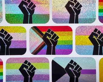 2x3in Glitter Sticker -  LGBTQ+ Holographic Handmade Raised Fist Pride Flag Vinyl Stickers