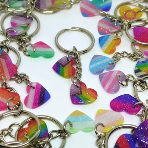 2-Charm Heart Keychain - LGBTQ+ Handmade Holographic Glitter Pride Flag Charms + Keyring