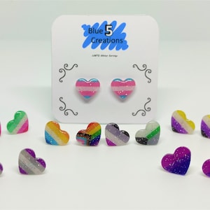 Heart Stud Earrings - LGBTQ+ Holographic Glitter Pride Flag Handmade Earrings