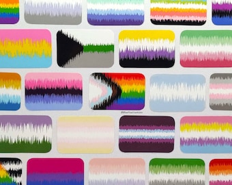 May include: A collection of 16 different pride flag stickers with a wavy, textured design. The flags include the transgender, non-binary, lesbian, gay, bisexual, pansexual, asexual, and genderfluid flags.