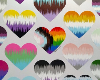 Pegatina de corazón de 2,5 pulgadas - Pegatinas de vinilo hechas a mano con la bandera del orgullo LGBTQ+ y diseño de onda sonora