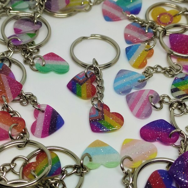 Handmade LGBTQ+ Heart Keychain Glitter Pride Flag + Keyring