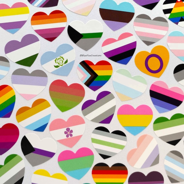 Handmade LGBTQ+ 1in/25mm Heart Pride Flag Stickers