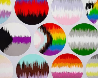 May include: Abstract art print featuring multiple colorful circles. Each circle displays a unique color gradient with a jagged, vertical line pattern. Colors include red, black, purple, rainbow, and green. The design is modern and eye-catching.