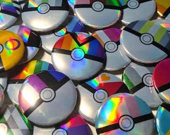 Przypinka kątowa 1,25 cala – ręcznie robiona holograficzna przypinka z flagą LGBTQ+ Pride Poké Ball