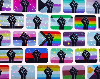1 x 1,5 inch sterrenstickers - LGBTQ+ holografische handgemaakte vinylstickers met verhoogde vuist en vlag