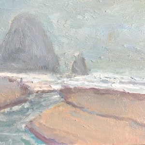 8&quot;x10&quot; Original Pleinair Oil Painting Haystack Rock Cannon Beach, Oregon on Foggy Morning