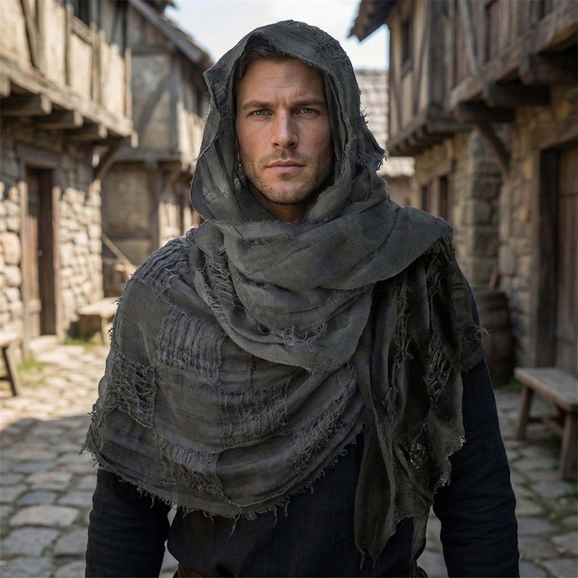 Apocalyptic Hooded Scarf Cape, Distressed Desert Style Shawl