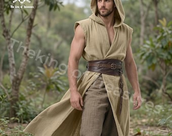 Chaleco medieval con capucha de guardabosques, sobreveste de caballero con frente abierto, túnica/capa renacentista para LARP para hombre, disfraz de fantasía para feria renacentista para hombre
