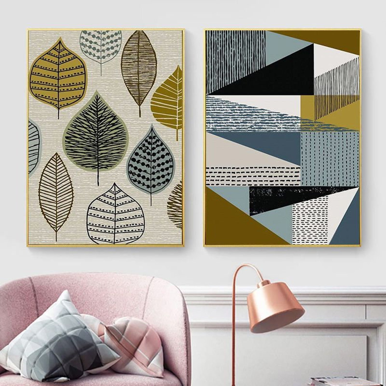 Geometric Wall Art Leaf Canvas Wall Art Abstract Wall Art Etsy