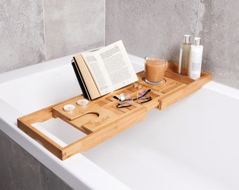 Lux Bath Extendable Bath Tray to Safely Hold Your Tablet, Phone, Wine Glass and Candles | Non-slip, Water-resistant, and Made from Bamboo