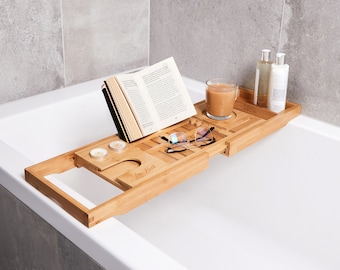 Lux Bath Extendable Bath Tray to Safely Hold Your Tablet, Phone, Wine Glass and Candles | Non-slip, Water-resistant, and Made from Bamboo