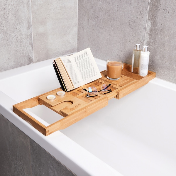 Lux Bath Extendable Bath Tray to Safely Hold Your Tablet, Phone, Wine Glass and Candles | Non-slip, Water-resistant, and Made from Bamboo