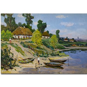 PAISAGEM RURAL VINTAGE, Obra de arte fluvial, Pintura a óleo original do artista ucraniano P. Redin, No Dnieper, Vila, Era soviética