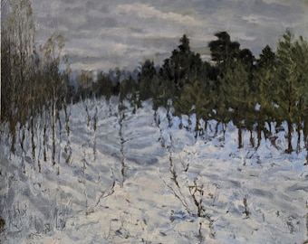 VINTAGE OLIEVERFSCHILDERIJ Uniek, origineel olieverfschilderij van onbekende Oekraïense kunstenaar Winterbos Landschapsmening, Natuurkunst, Retrostijl