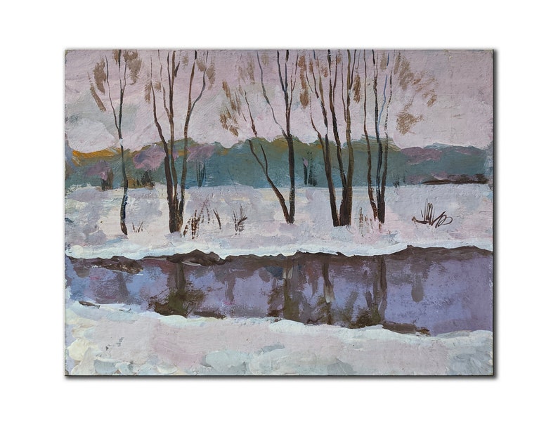 RIVER PAINTING Art of the 20th century Realism Vintage original oil painting on cardboard by Ukrainian artist V.Golubovskiy River in winter