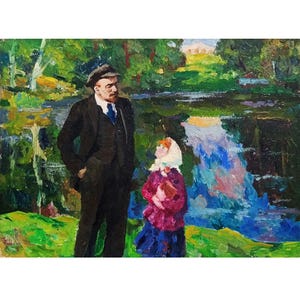 OBRA DE GÉNERO ORIGINAL Pintura al óleo original del artista ucraniano A. Olkhov, boceto de una pintura "V.I. Lenin y una niña con un libro" 1986