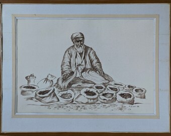 VINTAGE ORIGINAL PAINTING Charcoal on paper by Soviet Ukrainian artist A.Domnych, Uzbek selling seeds, Series Uzbekistan 1986