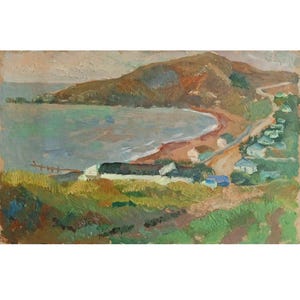 May include: An oil painting of a coastal scene, featuring a bay, beach, and hillside. The sea is rendered in blues and greens, with a sandy beach. A road follows the hillside, with small houses. The painting uses a palette of earth tones.