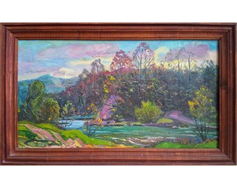 HERBSTLANDSCHAFT, Fluss Kunstwerk, Original Ölgemälde eines unbekannten sowjetisch-ukrainischen Künstlers, Fluss im Herbstwald, 1990er Jahre