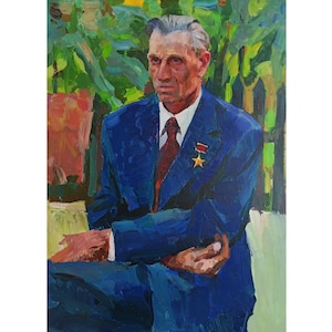 VINTAGE MAN&#39;S Portrait One of a kind, Original Oil Painting by Ukrainian artist V.Pirogov, Portrait of the Hero of the USSR Ignatiev, 1970s