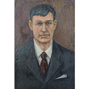 RETRATO DE HOMBRE VINTAGE Pintura al óleo original sobre tabla, única en su tipo, de artista ucraniano desconocido, hombre con traje, obra de arte de retrato, década de 1980