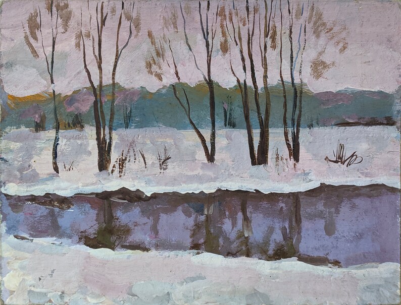 RIVER PAINTING Art of the 20th century Realism Vintage original oil painting on cardboard by Ukrainian artist V.Golubovskiy River in winter