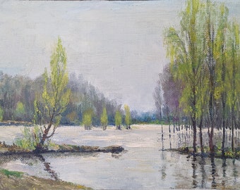 VINTAGE OIL PAINTING River artwork, One of a kind, Original Oil Painting on board by Ukrainian artist B.Rybets, Spring, 1980s, Trees artwork