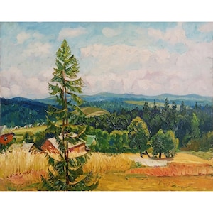 PINTURA AL ÓLEO VINTAGE Pintura al óleo original única del artista ucraniano A.Zhezher, paisaje de los Cárpatos, arte de la naturaleza, Forest Hills