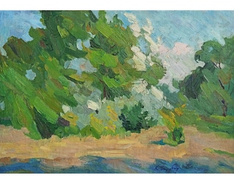 Vintage skogsoljemålning, ukrainsk impressionistisk landskapskonst