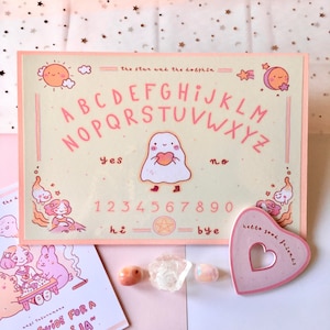 Planche ouija kawaii, planche esprit, planche ouija mignonne, planche ouija rose, planche Oracle, cadeau sorcière, cadeau bébé sorcière, illustration fantôme