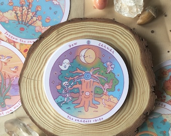 May include: A circular card with a colorful illustration of a tree with a smiling face. The tree has a crescent moon, a ghost, a skeleton, a fairy, and a girl with flowers in her hair. The text on the card reads "Yew idhavdh the endless cycle".