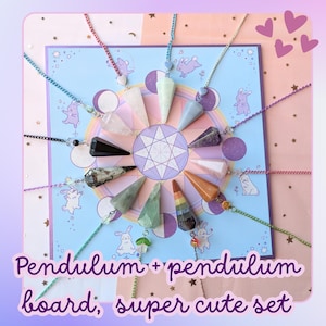 Crystal quartz faceted pendulum and Divination Pendulum board Cute set, Moon Pendulum, Fluorite Pendulum, Unicorn and mermaid pendulum