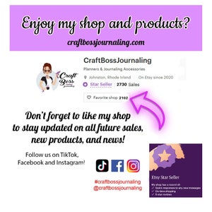 May include: Image promoting CraftBoss Journaling, a shop for planners and journaling accessories. The image includes the shop's logo, social media icons, and text encouraging viewers to like the shop for updates. The shop is a Star Seller on Etsy.
