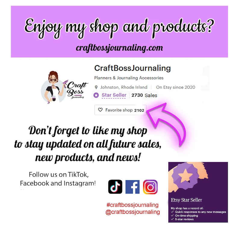 May include: Image promoting CraftBoss Journaling, a shop for planners and journaling accessories. The image includes the shop's logo, social media icons, and text encouraging viewers to like the shop for updates. The shop is a Star Seller on Etsy.