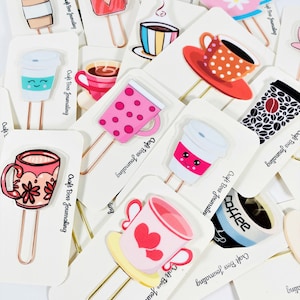 Coffee Cup Planner Clips, Laminated Page markers,Planner Accessories, Planner Bookmarks,, Coffee Lovers clips, paper clasp