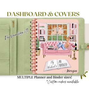 May include: A light green planner binder with a disc-bound insert featuring an illustration of a person reading on a pink sofa in front of a window. The insert includes the text My Weekend is BOOKED and the name Morgiee, alongside bookshelves, a cactus, and a wine glass.